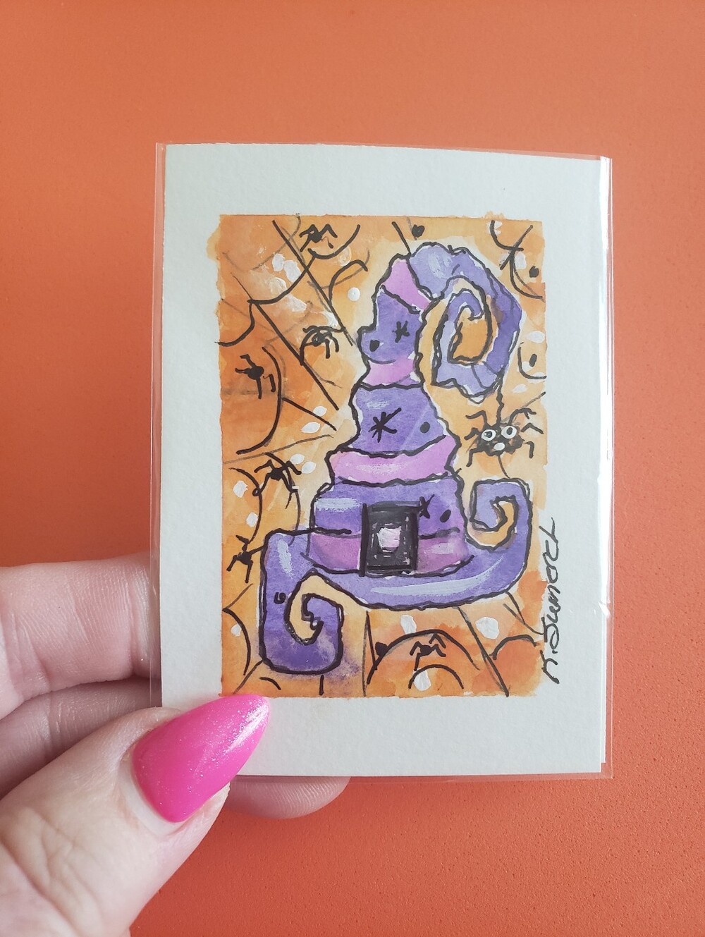 ACEO Hand-Painted Purple Witch Hat Art Card